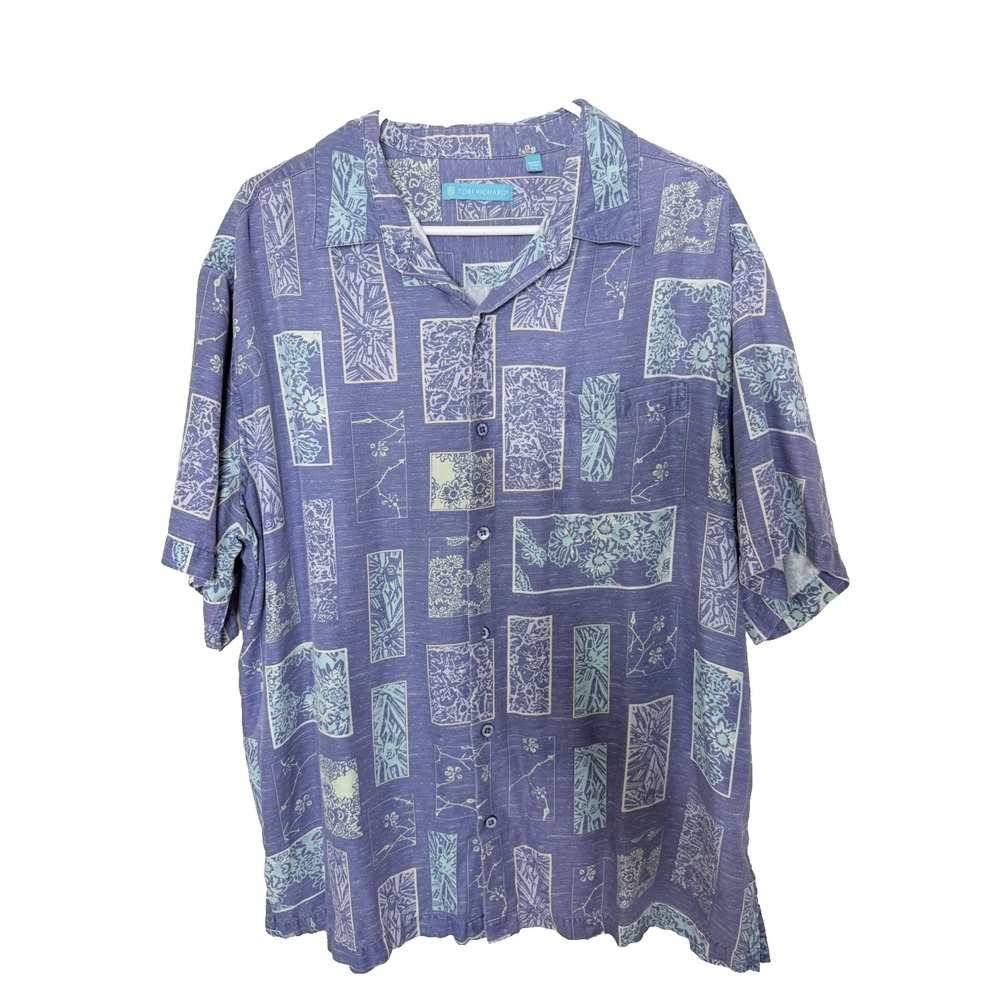 Tori Richard Men's XL Blue Silk Blend Hawaiian Aloha Camp Shirt Floral Print